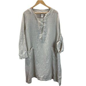 Le Paris Petit Linen pocket oversized tunic dress‎ ivory striped 3/4 sleeve MED